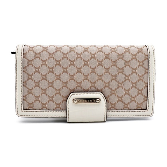 Celine Macadam Pattern Leather Canvas Bifold Wallet Beige White - Picture 1 of 8